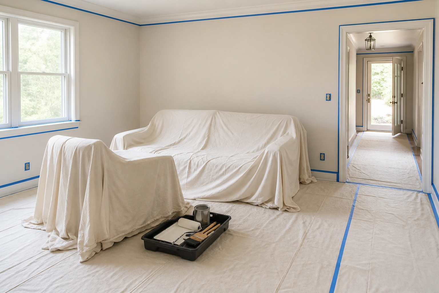 Комната с укрытыми мебелью и полом и свободным проходом перед покраской
